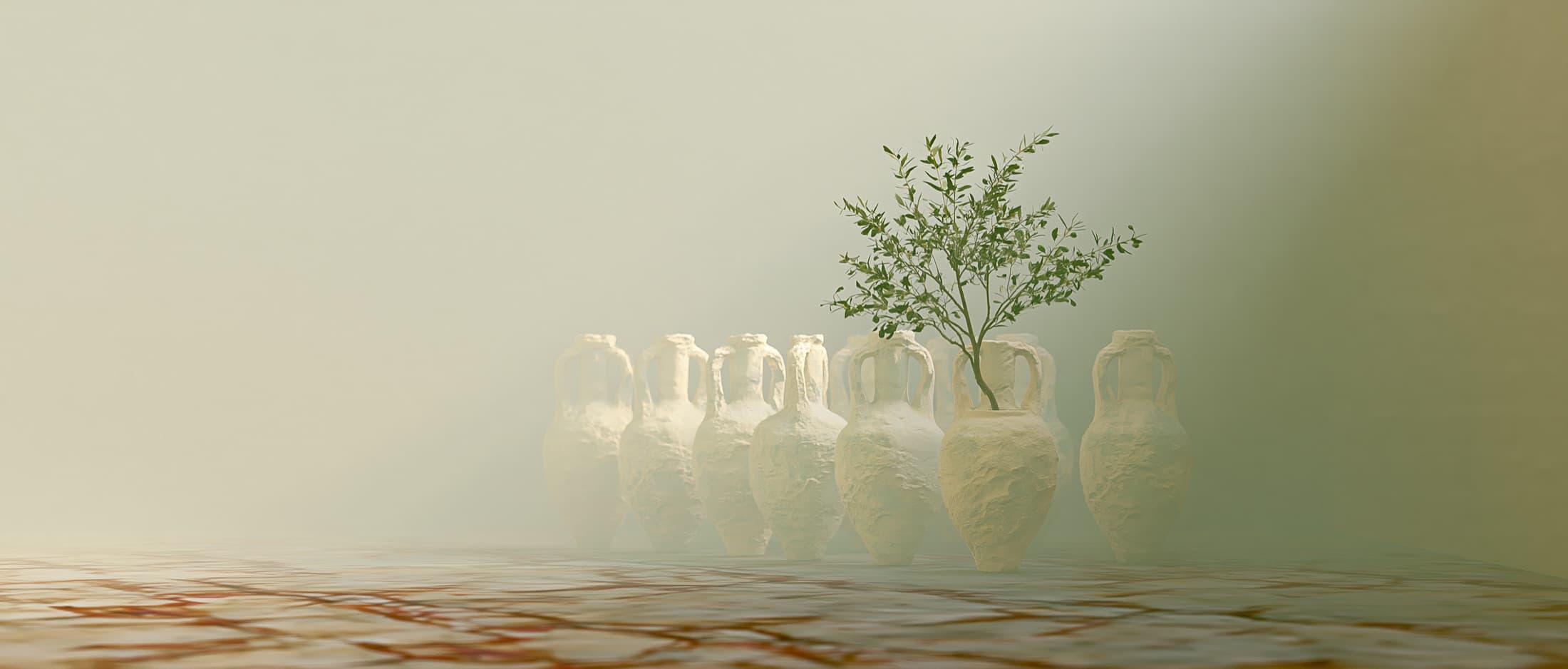 A row of clay amphorae in soft fog; one holds a living olive sapling.